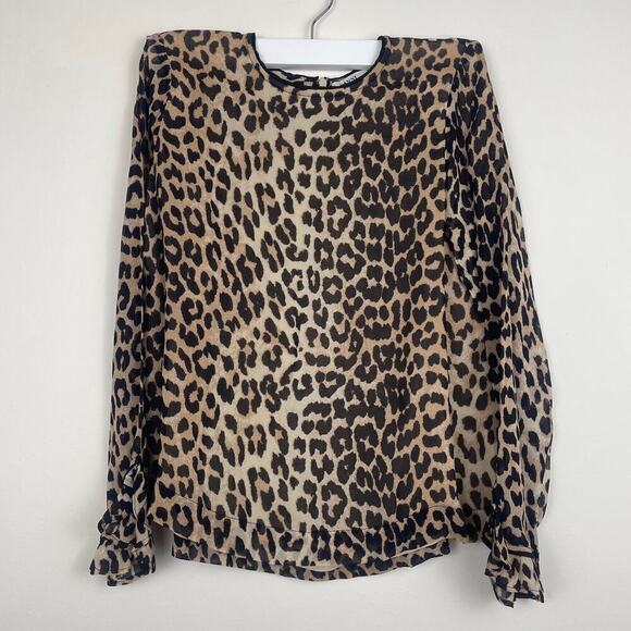 Ganni leopard print blouse long sleeve ruffle round neck size 34 or XS - Picture 2 of 8